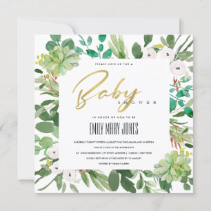 SUCCULENT WREATH FOLIAGE WATERCOLOR BABY SHOWER INVITATION
