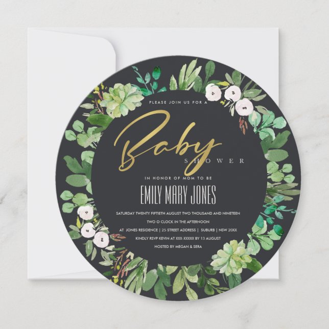 SUCCULENT WREATH FOLIAGE WATERCOLOR BABY SHOWER INVITATION (Front)