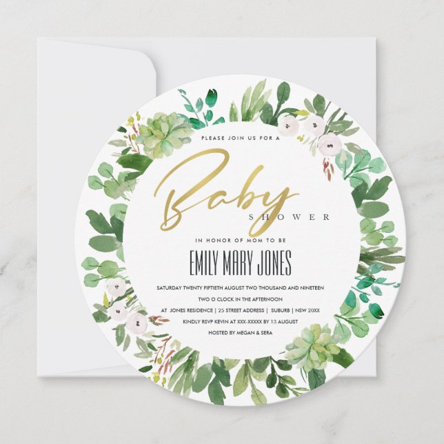 SUCCULENT WREATH FOLIAGE WATERCOLOR BABY SHOWER INVITATION (Front)