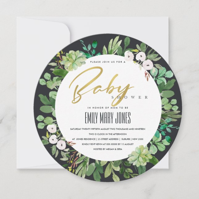 SUCCULENT WREATH FOLIAGE WATERCOLOR BABY SHOWER INVITATION (Front)