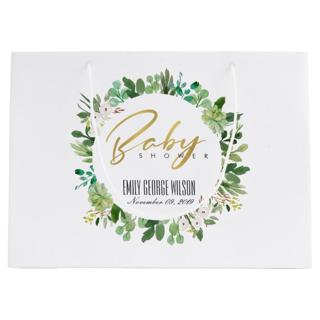 SUCCULENT WREATH FOLIAGE WATERCOLOR BABY SHOWER LARGE GIFT BAG (Front)