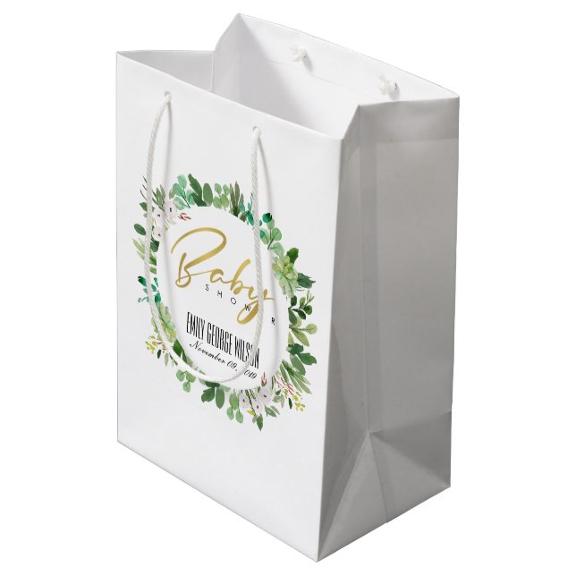 SUCCULENT WREATH FOLIAGE WATERCOLOR BABY SHOWER MEDIUM GIFT BAG (Back Angled)