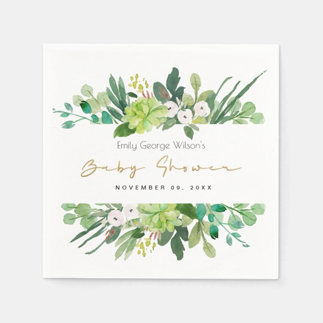 SUCCULENT WREATH FOLIAGE WATERCOLOR BABY SHOWER NAPKIN (Front)