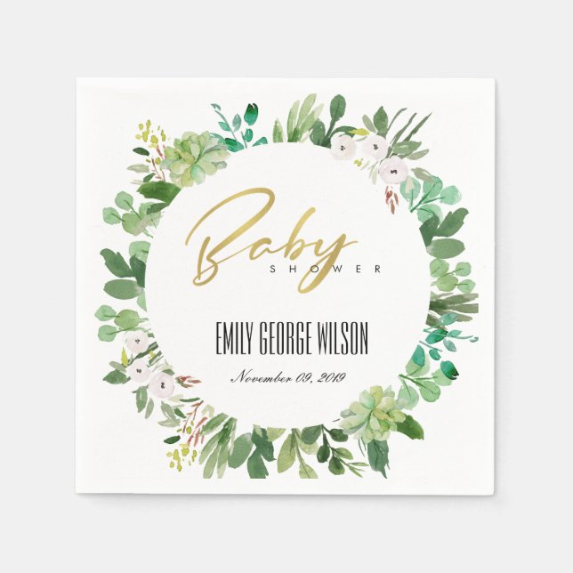 SUCCULENT WREATH FOLIAGE WATERCOLOR BABY SHOWER NAPKIN (Front)