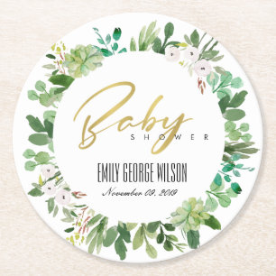 SUCCULENT WREATH FOLIAGE WATERCOLOR BABY SHOWER ROUND PAPER COASTER
