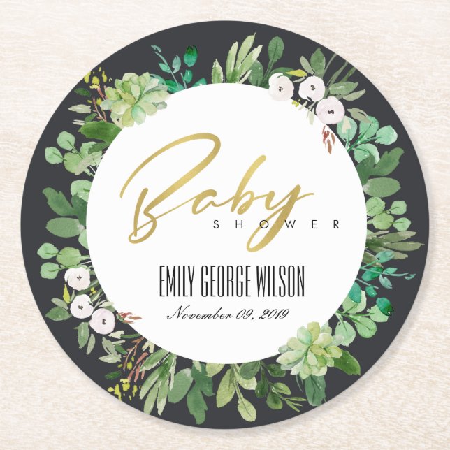 SUCCULENT WREATH FOLIAGE WATERCOLOR BABY SHOWER ROUND PAPER COASTER (Front)