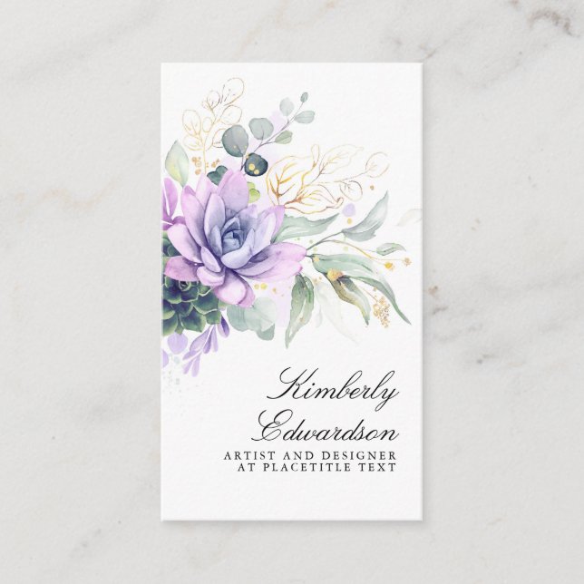 Succulents and Gold Greenery Elegant Boho Foliage  Business Card (Front)