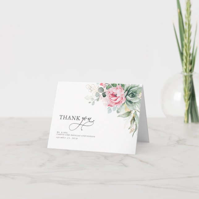 Succulents and Pink Flowers Elegant Thank You Card (Front)