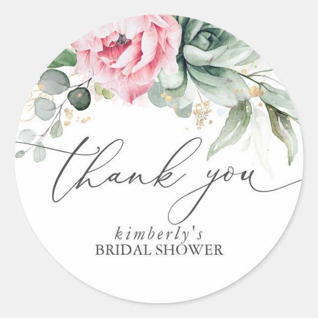 Succulents and Pink Flowers Thank You Classic Round Sticker (Front)