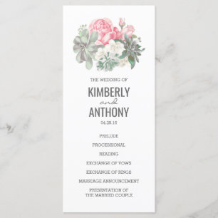 Succulents and Pink Roses Elegant Wedding Programs Programme