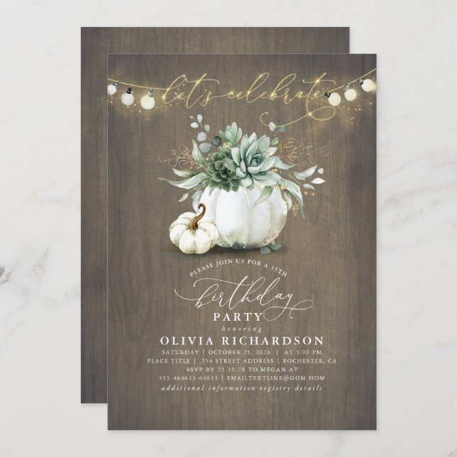 Succulents and Pumpkins Fall Rustic Birthday Invitation (Front/Back)