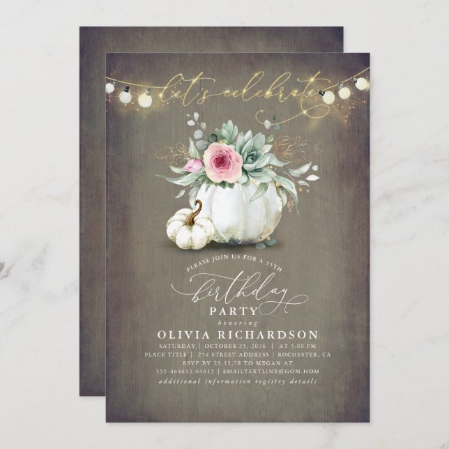 Succulents and Pumpkins Fall Rustic Birthday Invitation (Front/Back)