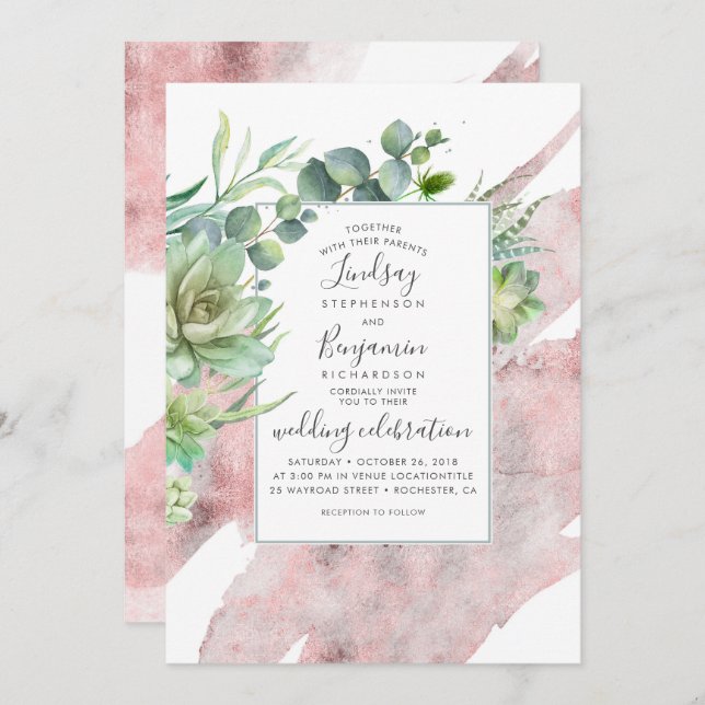 Succulents and Rose Gold Watercolor Wedding Invitation (Front/Back)