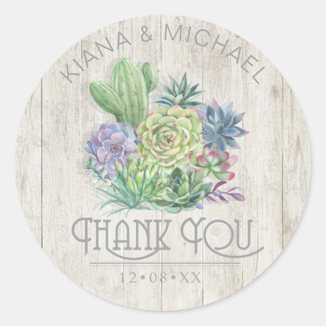 Succulents and Rustic Wood Wedding ID515 Classic Round Sticker (Front)