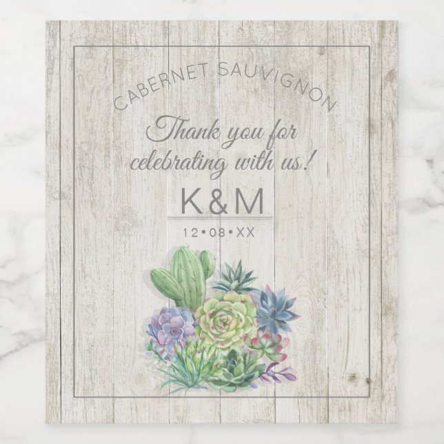 Succulents and Rustic Wood Wedding ID515 Wine Label (Single Label)