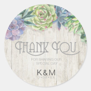 Succulents and Rustic Wood Wedding Thank You ID515 Classic Round Sticker