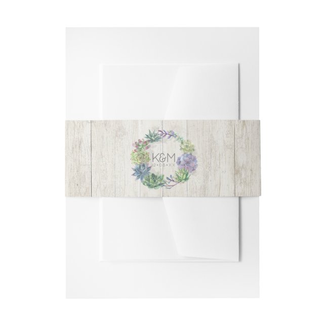 Succulents and Rustic Wood Wedding Wreath ID515 Invitation Belly Band (Front Example)