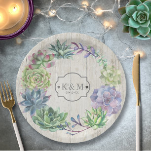 Succulents and Rustic Wood Wedding Wreath ID515 Paper Plate