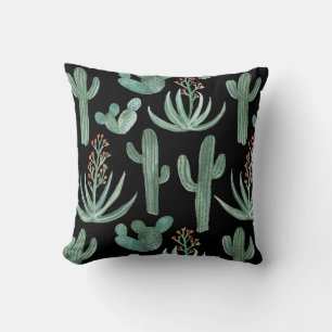 Succulents and saguaro cacti on black background cushion