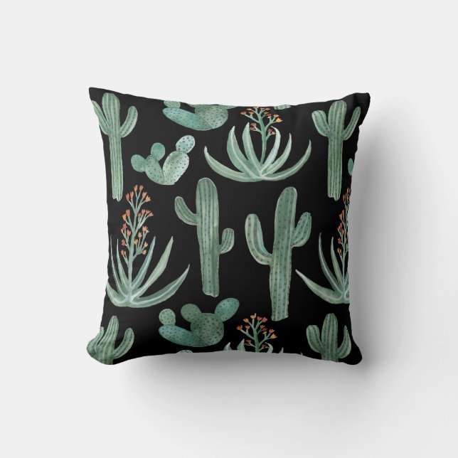 Succulents and saguaro cacti on black background cushion (Front)
