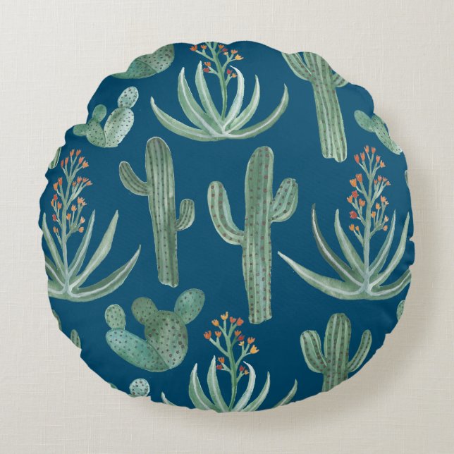 Succulents and saguaro cacti plants on blue round cushion (Front)