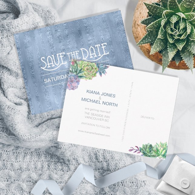 Succulents and Sparkle Save the Date Blue ID515 Announcement Postcard (Creator Uploaded)