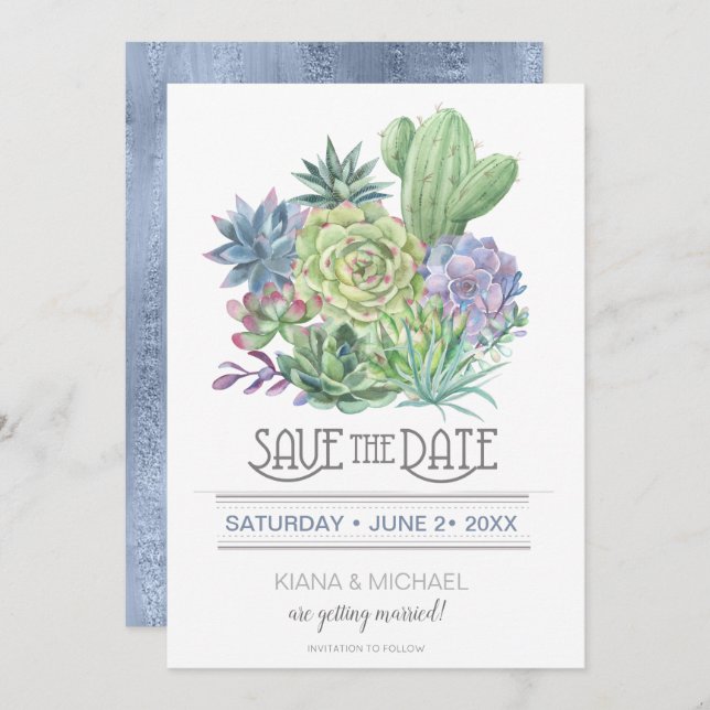 Succulents and Sparkle Save the Date Blue ID515 Invitation (Front/Back)