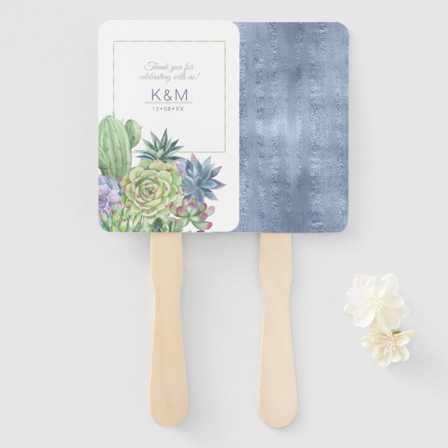 Succulents and Sparkle Wedding Blue ID515 Hand Fan (Front and Back)