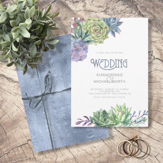 Succulents and Sparkle Wedding Blue ID515 Invitation (Creator Uploaded)
