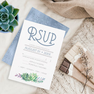 Succulents and Sparkle Wedding RSVP Blue ID515 Card