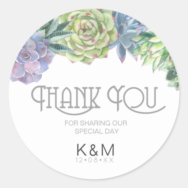 Succulents and Sparkle Wedding Thank You ID515 Classic Round Sticker (Front)