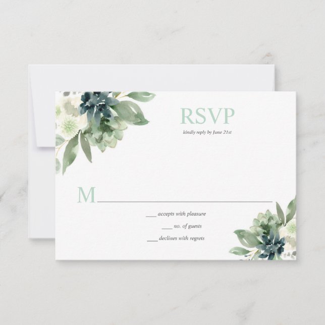 Succulents and White Flowers - Pale Green RSVP Card (Front)