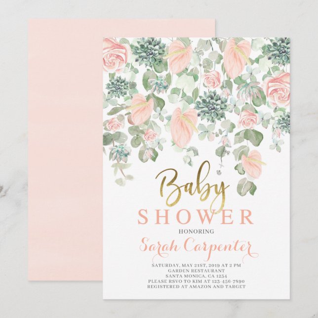 Succulents, anthurium floral baby shower girl invitation (Front/Back)
