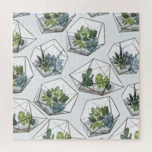 Succulents Aquariums Watercolor Seamless Pattern Jigsaw Puzzle