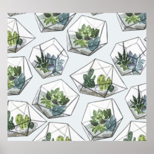 Succulents Aquariums Watercolor Seamless Pattern Poster