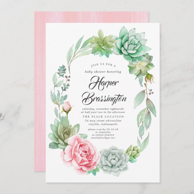 Succulents Baby Shower Girl Invitation (Front/Back)