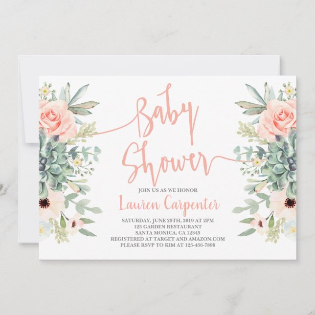 Succulents baby shower girl invitation (Front)
