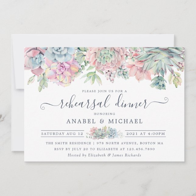 Succulents Blush Floral Cactus Rehearsal Dinner Invitation (Front)