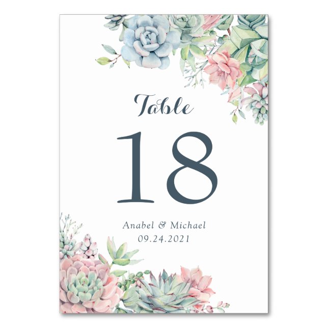Succulents Blush Floral Greenery Wedding Table Number (Front)