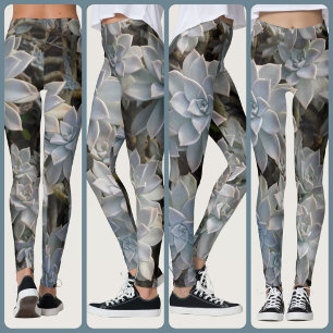Succulents Botanical Silvery Blue Leggings