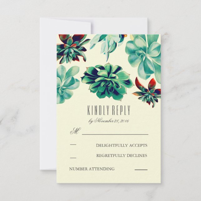 Succulents Bouquet Teal Wedding RSVP Cards (Front)