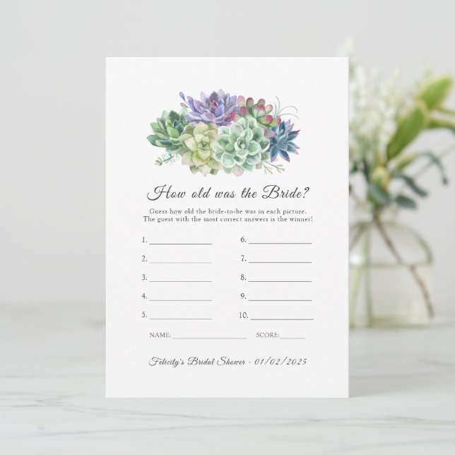 Succulents Bridal Shower Game Invitation (Standing Front)