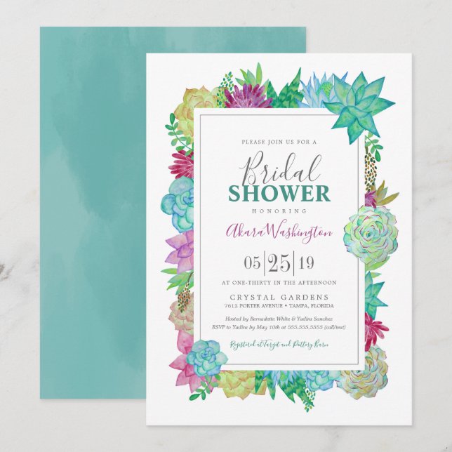 Succulents Bright Watercolor Flowers Bridal Shower Invitation (Front/Back)