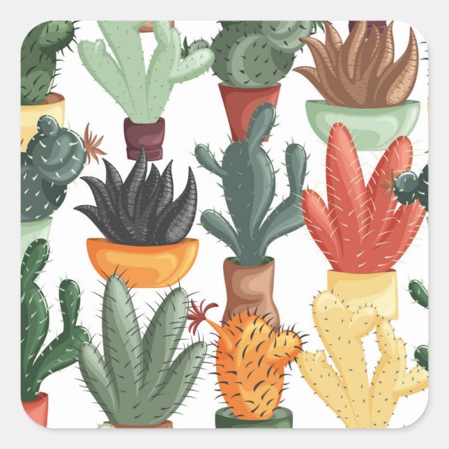 Succulents, cactuses: cute floral pattern. square sticker (Front)