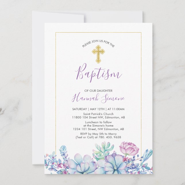 Succulents & Cross | Girl Baptism, Christening Invitation (Front)