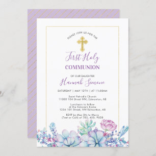 Succulents & Cross Girl First Holy Communion Invitation