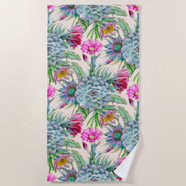 Succulents Echeveria Cactus Flowers Pattern Beach Towel (Front)
