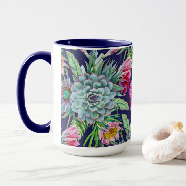 Succulents Echeveria Cactus Flowers Pattern Mug (With Donut)