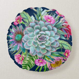 Succulents Echeveria Cactus Flowers Pattern  Round Cushion