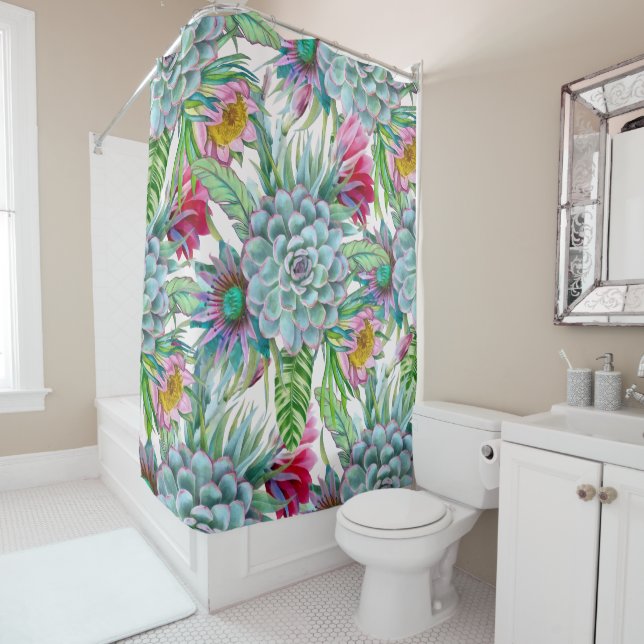 Succulents Echeveria Cactus Flowers Pattern Shower Curtain (In Situ)